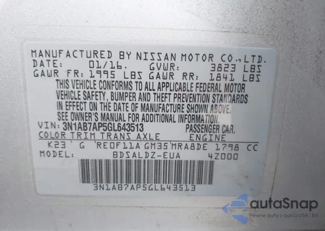 2016 Nissan Sentra Fe+ S/S/Sl/Sr/Sv from USA, damaged, VIN 3N1AB7AP5GL643513